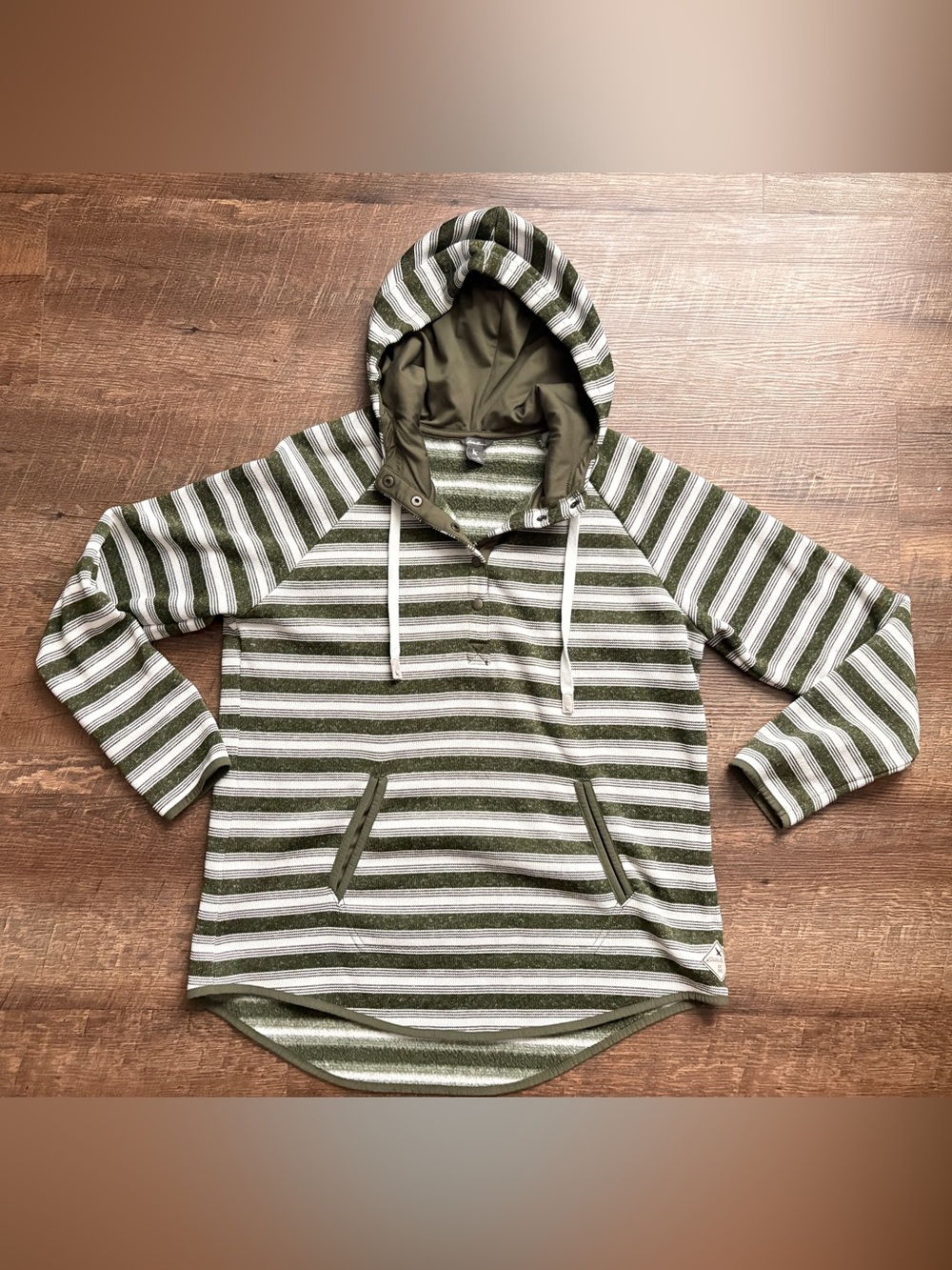 Eddie Bauer fleece 1/4 snap pullover green cream striped casual preppy XL NWOT